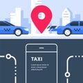 Ordering taxi, auto transport service, rental car, city transfer, map pointer and urban street