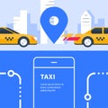 Ordering taxi, auto transport service, rental car, city transfer, map pointer and urban street