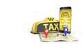 Ordering a taxi cab online internet service transportation concept navigation pin pointer with checker pattern and yellow taxi Royalty Free Stock Photo