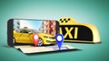 Ordering a taxi cab online internet service transportation concept navigation pin pointer with checker pattern and yellow taxi Royalty Free Stock Photo