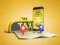 Ordering a taxi cab online internet service transportation concept navigation pin pointer with checker pattern and yellow taxi Royalty Free Stock Photo