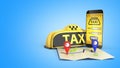 Ordering a taxi cab online internet service transportation concept navigation pin pointer with checker pattern and yellow taxi Royalty Free Stock Photo