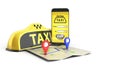 Ordering a taxi cab online internet service transportation concept navigation pin pointer with checker pattern and yellow taxi Royalty Free Stock Photo