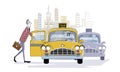 Ordering taxi car. an gets into a taxi car on the street of a big city. Businessman rushing to meeting. Vector