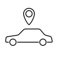 Ordering taxi, passenger car icon and geolocation from black contour curves lines on white background. Vector illustration
