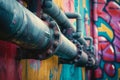 An orderly arrangement of pipes placed against a vibrant and colorful wall, Industrial pipeline set against a vibrant graffiti