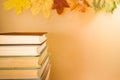Orderly stack of books on light background with colorful autumn maple leaves and copy space.