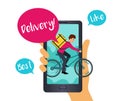 Orders goods on smartphone. Courier on bike. Delivery online order,
