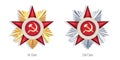 The Orders of the Patriotic War, golden 1st class and silver 2nd class military decorations.