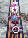 Orders of the `Red Star`, `Great Patriotic War`, sign of `Guards` on St. George`s ribbon. Awards of the marine on the background o