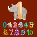 Ordinal number 1 for teaching children counting one rhino