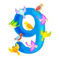 Ordinal numbers 9 for teaching children counting nine birdies with the ability to calculate amount animals abc alphabet Royalty Free Stock Photo