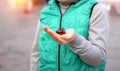 An ordinary brown chestnut in the hand of a boy dressed in a green vest