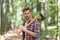 Ordinary day. lumber worker in wood. spend picnic weekend in forest. man ready for splitting wood and cutting firewood