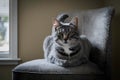 Ordinary gray tabby finds solace in quiet chair moment