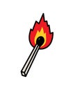 An ordinary match icon. Vector. Flat outline style. One burning wooden match. Cartoon illustration. Bright flame. Symbol of Royalty Free Stock Photo