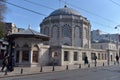 Ordinary people walk on the street in old central district of Istanbul city near Yahya Kemal Muzesi