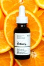 The Ordinary skincare brand. Closeup of The Ordinary vitamin C serum Ascorbic acid and Alpha Arbutin