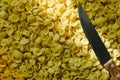 Orecchiette, Italian wheat semolina pasta, on a table and a knife Royalty Free Stock Photo