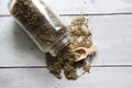 Oregano: dried, dehydrated on an old wooden table. Top view. Royalty Free Stock Photo