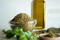 Oregano spices and olive oil Royalty Free Stock Photo