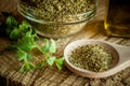 Oregano spices and olive oil Royalty Free Stock Photo