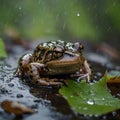Rain-Kissed Oregon Spotted Frog Resting on a Wet Leaf Royalty Free Stock Photo