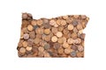 Oregon State Map Outline and United States Money Concept, Piles of One Cent Coins, Pennies Royalty Free Stock Photo