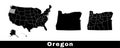 Oregon state map, USA. Set of Oregon maps with outline border, counties and US states map. Black and white color Royalty Free Stock Photo