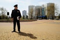 Orel, Russia - April 28, 2017: Drivers meeting. Lonely policeman