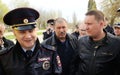 Orel, Russia - April 28, 2017: Drivers meeting. Policeman in crowd of protesters