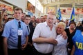 Orel, Russia - August 05, 2016: Orel city day. Vladimir Zhirinovsky hugging woman in city fair