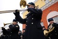 Orel, Russia, February 25, 2019: Syrian Break - trophy exhibition train of Russian Defence Ministry. Military brass band playing