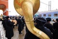 Orel, Russia, February 25, 2019: Syrian Break - trophy exhibition train of Russian Defence Ministry. Military brass band playing