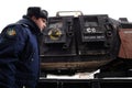 Orel, Russia, February 25, 2019: Syrian Break - trophy exhibition train of Russian Defence Ministry. Military man in uniform at