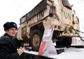 Orel, Russia, February 25, 2019: Syrian Break - trophy exhibition train of Russian Defence Ministry. Serviceman in uniform taking