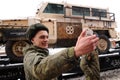 Orel, Russia, February 25, 2019: Syrian Break - trophy exhibition train of Russian Defence Ministry. Soldier in uniform making