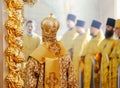 Orel, Russia, July 28, 2016: Russia Christianization anniversary Divine Liturgy. Patriarch Kirill and other priests praying in