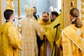 Orel, Russia, July 28, 2016: Russia Christianization anniversary Divine Liturgy. Priests in altar of Orthodox church Royalty Free Stock Photo