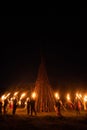 Orel, Russia - June 25, 2022: Solstice Kupala bonfire, people with torches