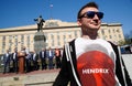 Orel, Russia - May 01, 2018: May Day rally. Young man in red Jim