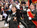 Orel, Russia - May 9, 2017: Victory Day selebration. Young people in cadet unform marching with banner