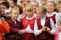 Orel, Russia - September 1, 2015: Young school blonde girls in r