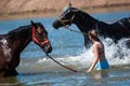 Orenburg, Russia - 18 June 2016: Girl bathing horses