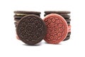 Oreo Biscuits isolated on white. It is a Red velvet with cheesecake flavored cream and a sandwich chocolate cookies wit