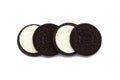 Oreo Biscuits in pieces of outside and inside isolated on white background. It is a sandwich chocolate cookies Royalty Free Stock Photo