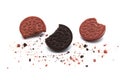 Oreo Biscuits of sandwich chocolate cookie with a sweet cream in the middle of some cracked of Red velvet flavored cream