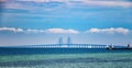 Oresund Bridge connects Denmark and Sweden. The bridge is a combined railway and motorway bridge. The North Sea has a beautiful Royalty Free Stock Photo