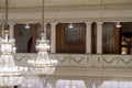 Organ and crystal chandeliers in the concert hall Royalty Free Stock Photo