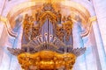 organ with details of the pipes inside the national pantheon, church of santa engracia, colored lighting.  Lisbon Royalty Free Stock Photo